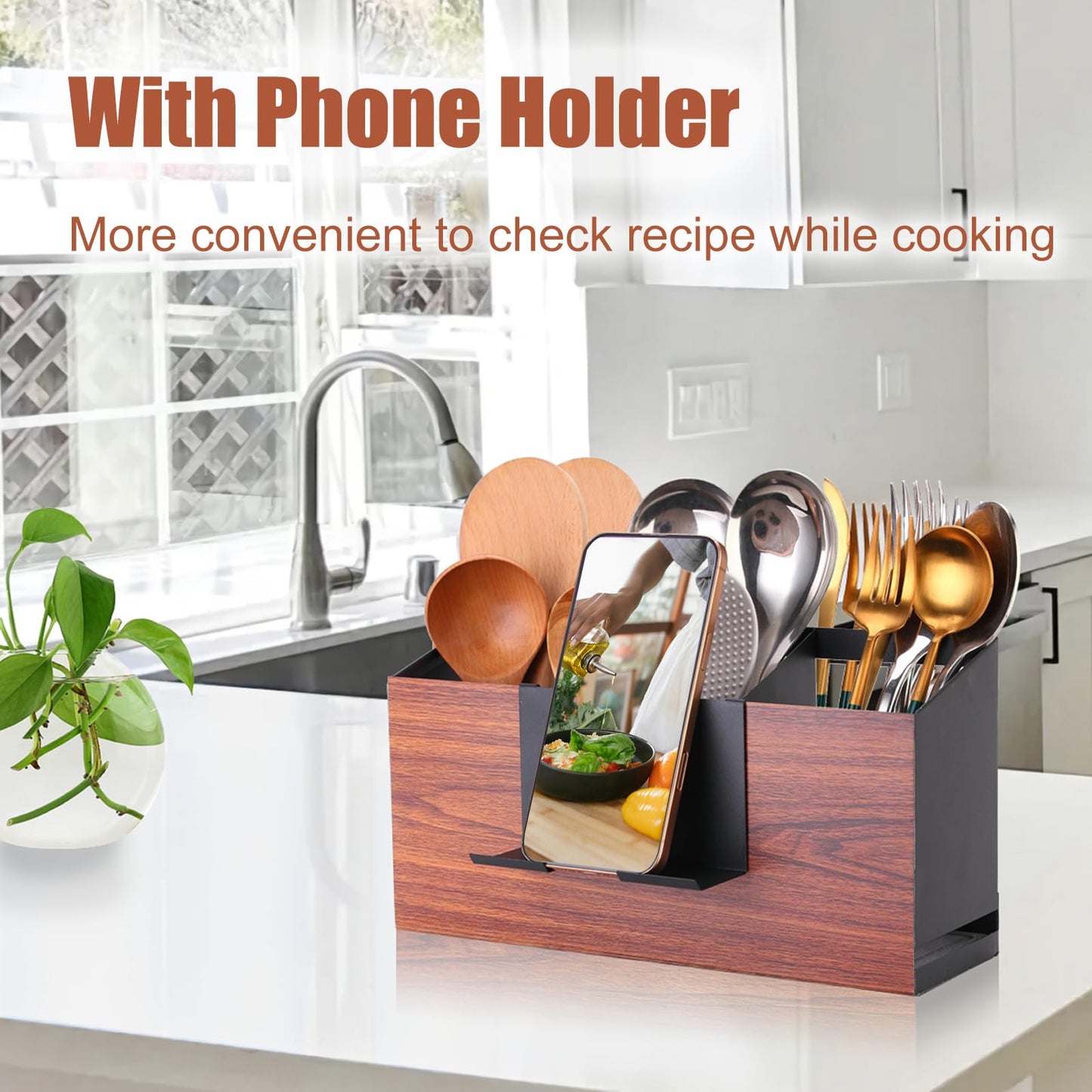 Utensil Holder Large Iron Flatware Container with 3 Compartments Countertop Wall
