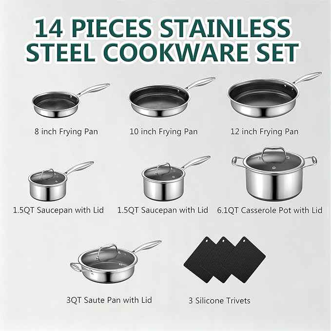 Yoehka 14-Piece Hybrid Stainless Steel Cookware Set, Non-Stick Pots and Pans Set with 3 Silicone Trivets | Induction Compatible Frying Pans, Saucepans, Saute Pan & Stock Pot | Oven Dishwasher Safe