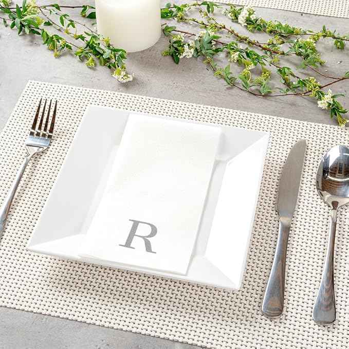 Luxenap 15.8 X 7.9 Inch Linen-Feel Guest Towels, 2000 Lettered Hand Towels - Silver Letter 'R', Sans Serif Font, White Paper Dinner Napkins, airlaid, For Restrooms And Tables - Restaurantware