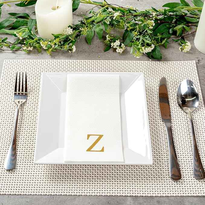 Luxenap 15.8 X 7.9 Inch Linen-Feel Guest Towels, 2000 Lettered Hand Towels - Gold Letter 'Z', Sans Serif Font, White Paper Dinner Napkins, airlaid, For Restrooms And Tables - Restaurantware