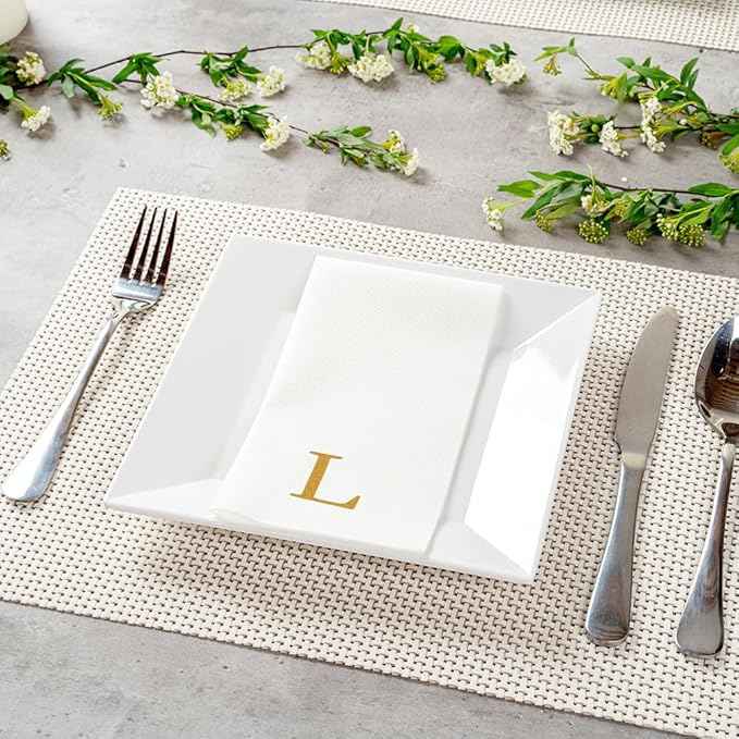 Luxenap 15.8 X 7.9 Inch Linen-Feel Guest Towels, 2000 Lettered Hand Towels - Gold Letter 'L', Sans Serif Font, White Paper Dinner Napkins, airlaid, For Restrooms And Tables