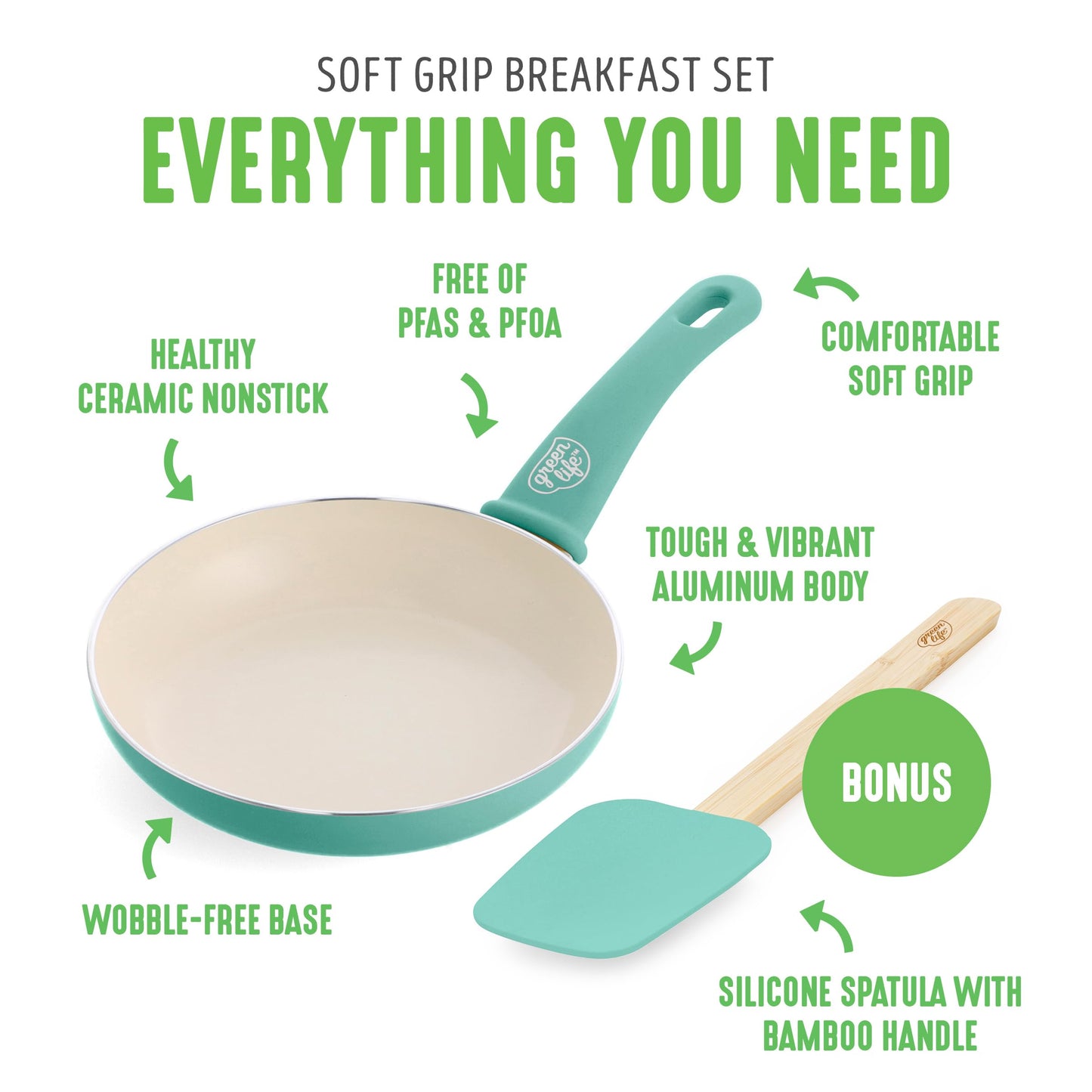 Soft Grip 8” Frypan Skillet and Spatula Breakfast Cookware Set (8" Frypan + Spatula / Turquoise)