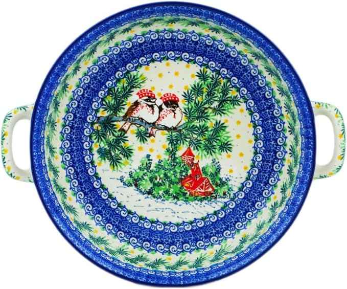 Polmedia Polish Pottery Round Baker with Handles 10-inch UNIKAT - Cozy Bullfinch Pattern Handmade in Boleslawiec Poland by Ceramika Artystyczna + Certificate of Authenticity