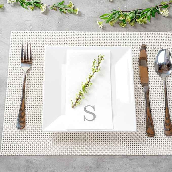 Luxenap 15.8 X 7.9 Inch Linen-Feel Guest Towels, 50 Lettered Hand Towels - Silver Letter 'S', Sans Serif Font, White Paper Dinner Napkins, airlaid, For Restrooms And Tables - Restaurantware