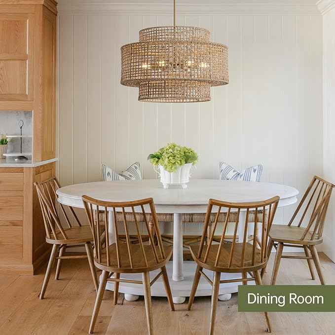 24” Rattan Chandelier for Dining Room, Large Boho 6-Light Rustic Chandeliers Light Fixture with Wicker Shade, Hand Woven Farmhouse Pendant Lighting for Kitchen Bedroom, Living Room, Foyer