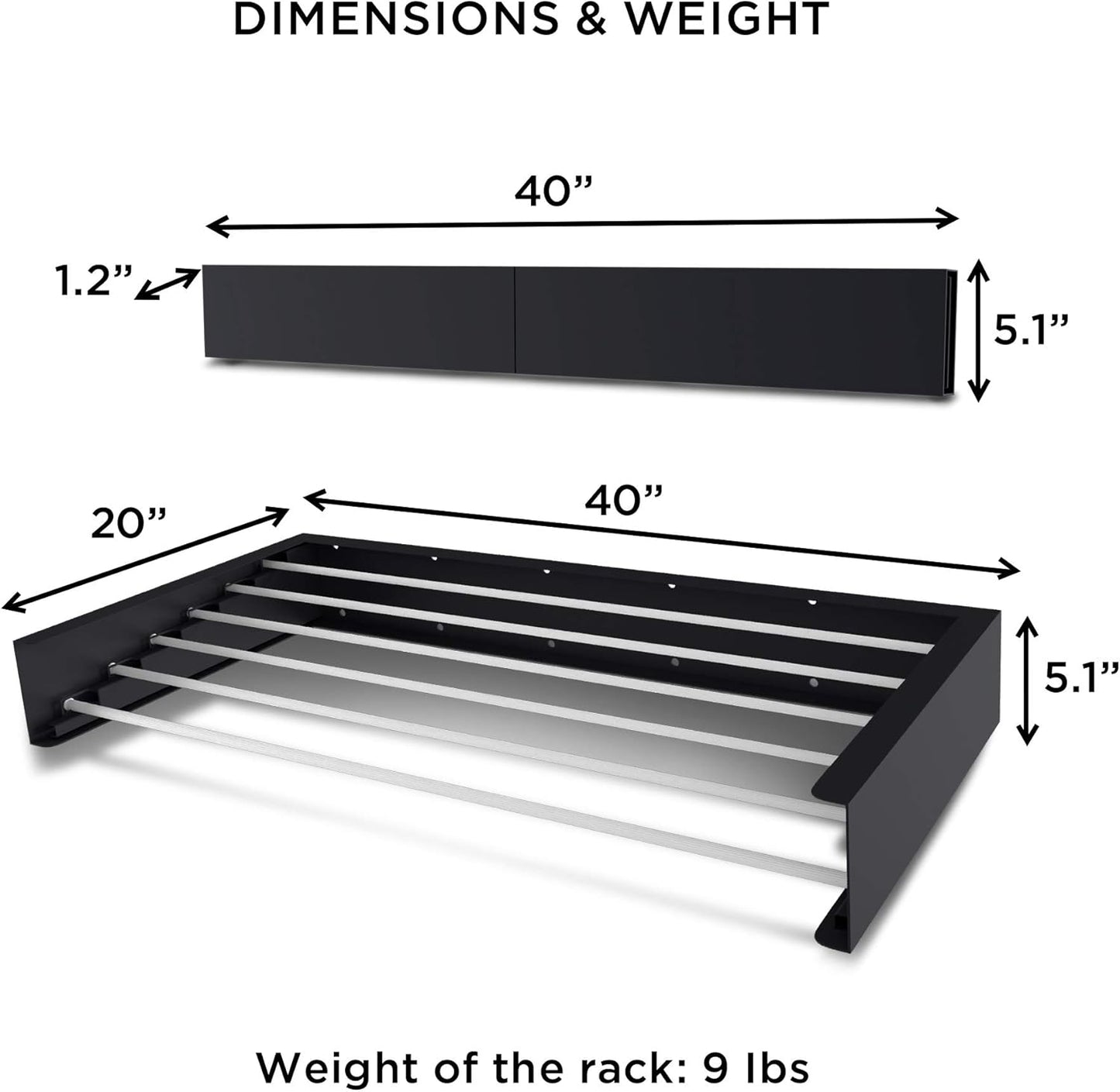 Step Up Laundry Drying Rack (40-INCH Industrial Gray), Wall Mounted, Retractable Clothes Drying Rack, 60lbs Capacity, 20 Linear Ft, with Wall Template and Long Screwdriver Bit