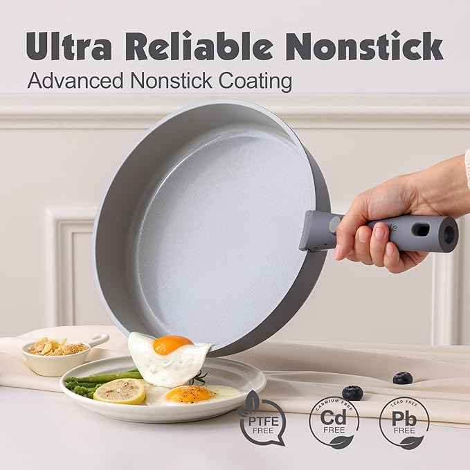 SENSARTE 17 Piece Ceramic Pots and Pans Set, Nonstick Detachable Handle Cookware, Induction Kitchen Cookware Set with Removable Handle, Dishwasher ＆ Oven Safe (Gray)