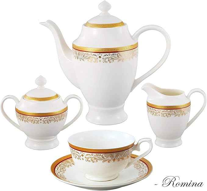 Lorren Home Trends La Luna Collection Bone China 57-Piece Red and 24K Gold Design Dinnerware Set, Service for 8