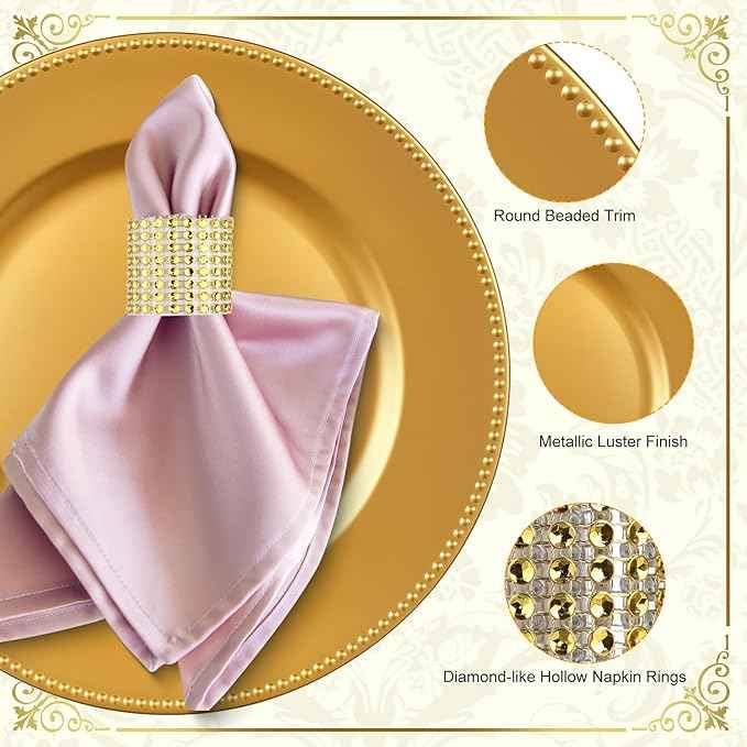 100 Pcs Gold Charger Plates with Napkin Rings Set Include 50 Gold Beaded Charger Plates 50 Napkin Rings, 13 Inch Plastic Round Chargers for Dinner, Wedding, Birthday, Party, Banquet, Table Setting