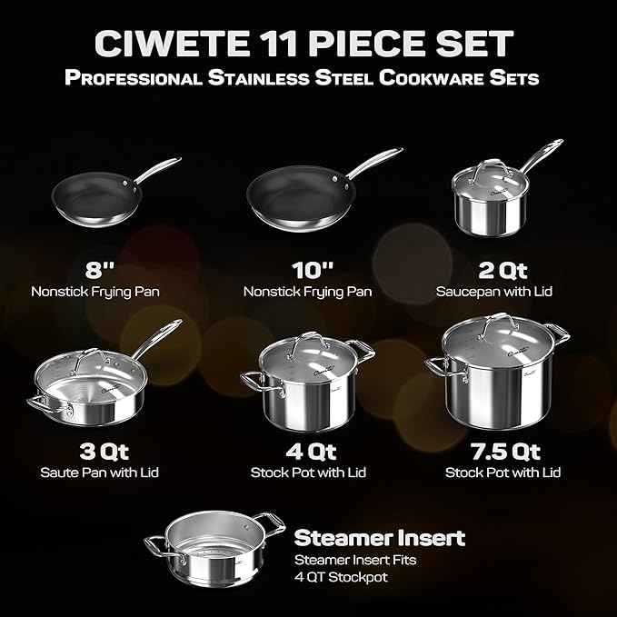 11-Piece Stainless Steel Pots and Pans Set Non Stick, Tri-Ply Stainless Steel Cookware Set, Induction Kitchen Cookware Sets with Steamer Insert & Stay-Cool Handles, Dishwasher, Oven Safe