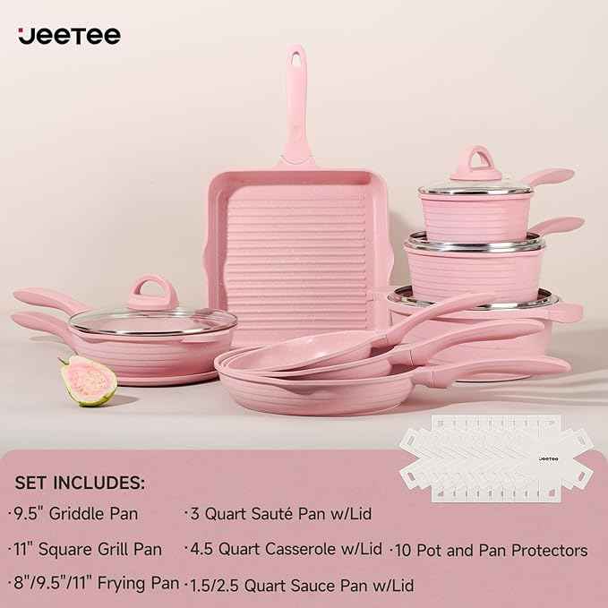 JEETEE Pink Pots and Pans Set Nonstick 23pcs, Healthy Kitchen Cookware Sets, Induction Cooking Set Pink Frying Pans, Saucepans, Sauté & Griddle & Crepe Pan (PFOA Free)