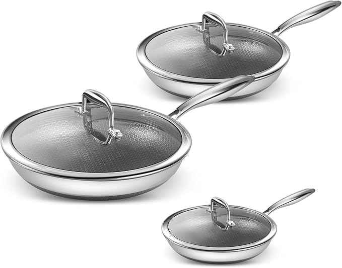 Nonstick Frying Pan Set, 8, 10 and 12-inch Frying Pans, 6-Piece Hybrid Non stick 18/10 Stainless Steel Pans with Lid, Induction Compatible, Dishwasher &Oven Safe, PFOA Free