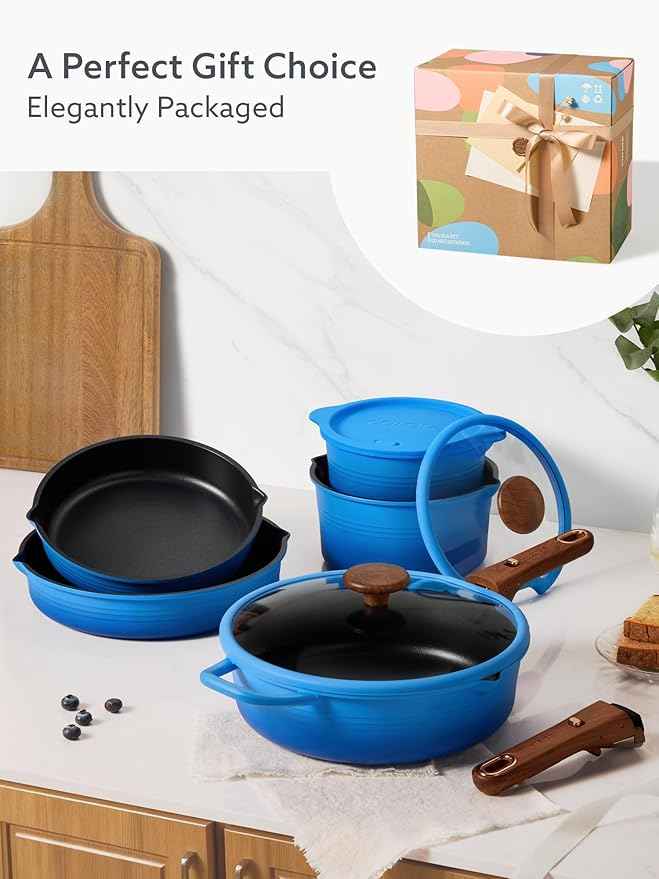 CAROTE 20Pcs Titanium Cookware Set, Pots and Pans Set Non Stick, Kitchen Cooking Set with Detachable Handle, Non Toxic Induction Cookware - Camping Cookware, Dishwasher/Oven Safe, Blue