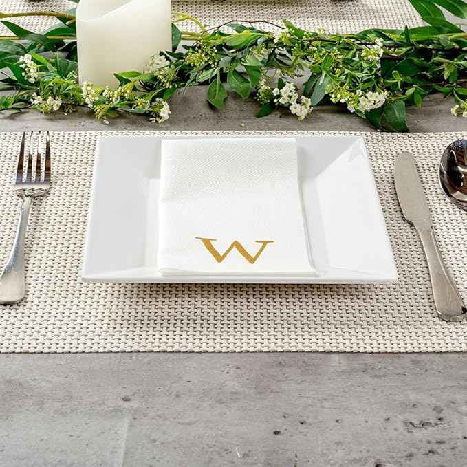 Luxenap 15.8 X 7.9 Inch Linen-Feel Guest Towels, 50 Lettered Hand Towels - Gold Letter 'W', Sans Serif Font, White Paper Dinner Napkins, airlaid, For Restrooms And Tables