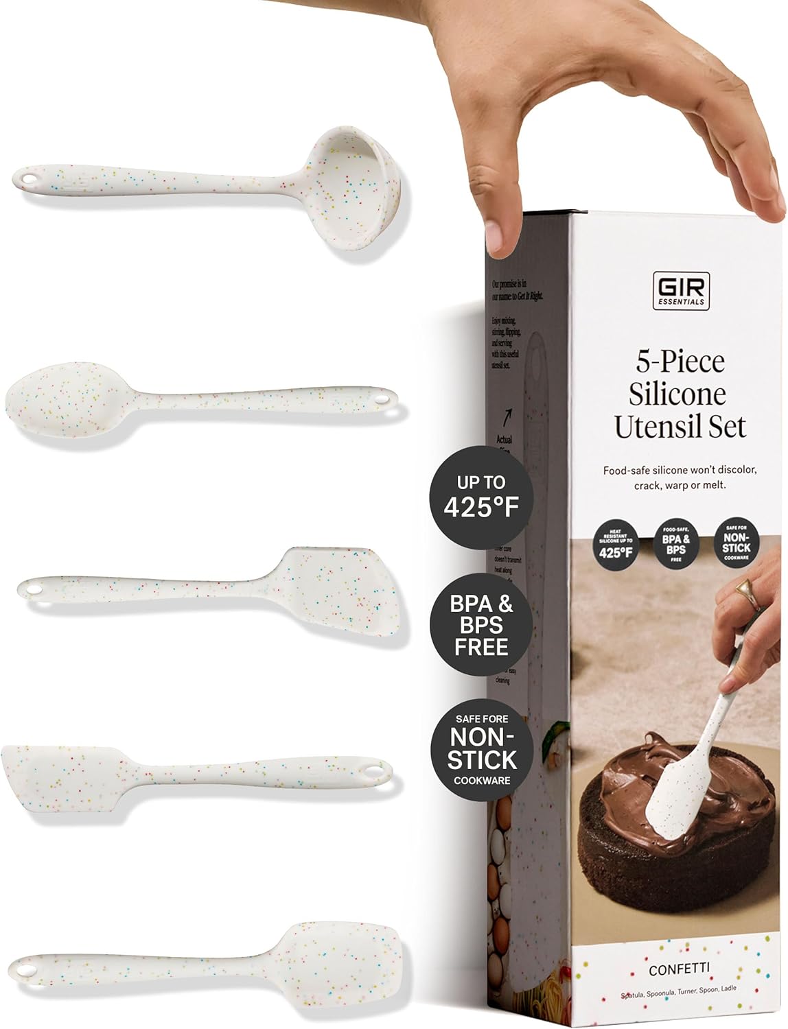 GIR: Get It Right 5-Piece Silicone Essentials Kitchen Utensils Set - Ladle, Spatula, Flip, Spoon & Spoonula - Non-Toxic Cooking Utensils for Nonstick Cookware, Cooking and Baking - Party Confetti