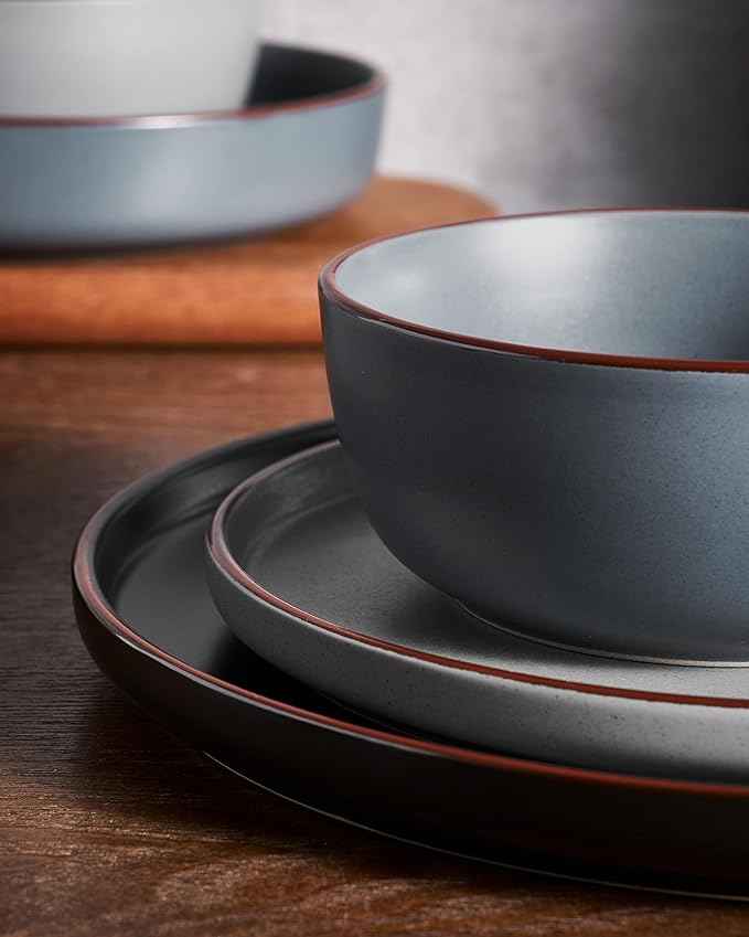 Famiware Mercury Plates and Bowls Sets, 12 Pieces Stoneware Dinnerware Sets, Dishes Set for 4, Microwave and Dishwasher Safe, Multi-color
