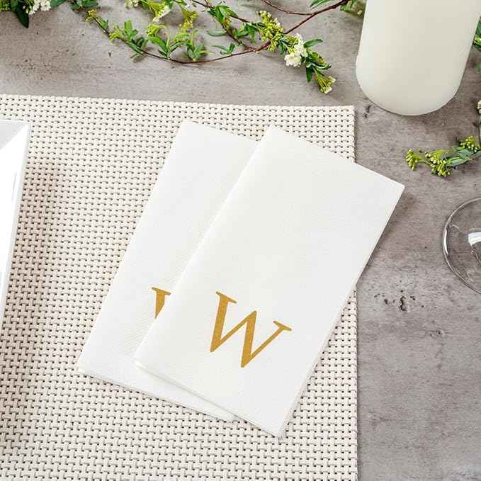 Luxenap 15.8 X 7.9 Inch Linen-Feel Guest Towels, 50 Lettered Hand Towels - Gold Letter 'W', Sans Serif Font, White Paper Dinner Napkins, airlaid, For Restrooms And Tables