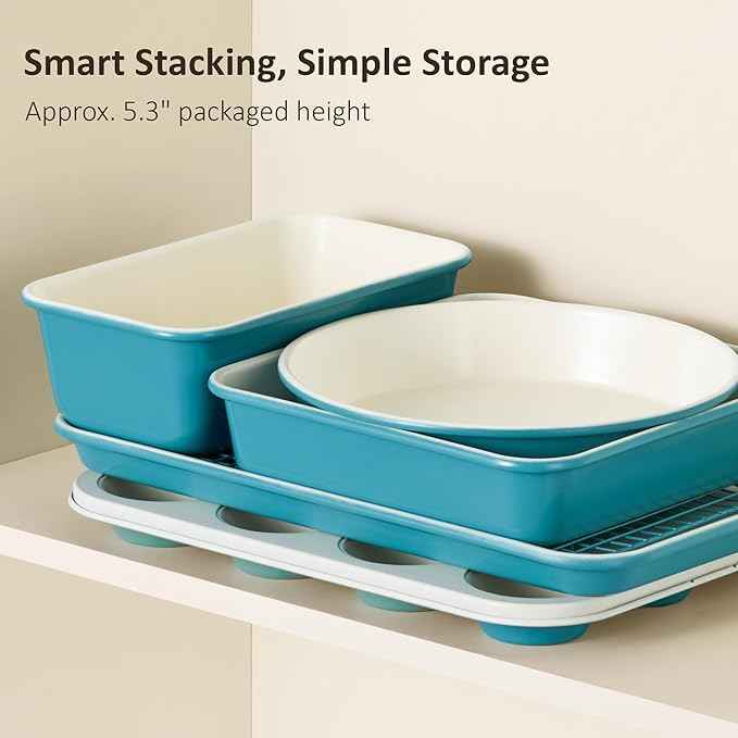CAROTE 6-Piece Nonstick Ceramic Baking Pans Set - Bakeware Sets Including Cookie Sheets for Baking, Muffin Pan, Bread Pan, Cake pan, Loaf Pan, Cooling Rack, Light Blue & Cream White
