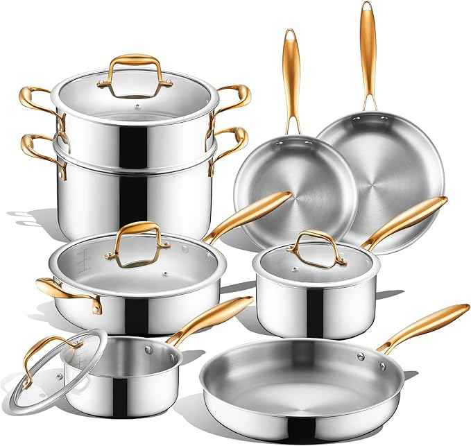Triple Ply Stainless Steel Pots and Pans Set, EWFEN 12 Piece Induction Cookware Set, Oven Dishwasher Safe | Frying Pans, Saucepans, Saute Pan & Stock Pot, PFOA Free Kitchen Skillet, Gold