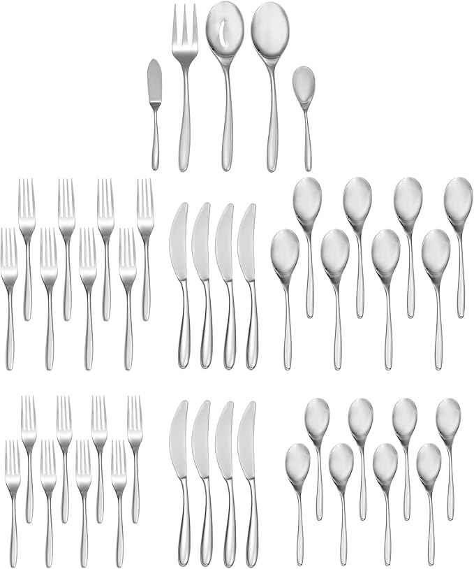 nambe Bend 45 Piece Flatware Set, 18/10 Mirror Stainless Steel Silverware Cutlery Set, Designed for Home Kitchens, Hotel, or Restaurants, Service for 5 and a 3pc Serving Utensil Set, Dishwasher Safe