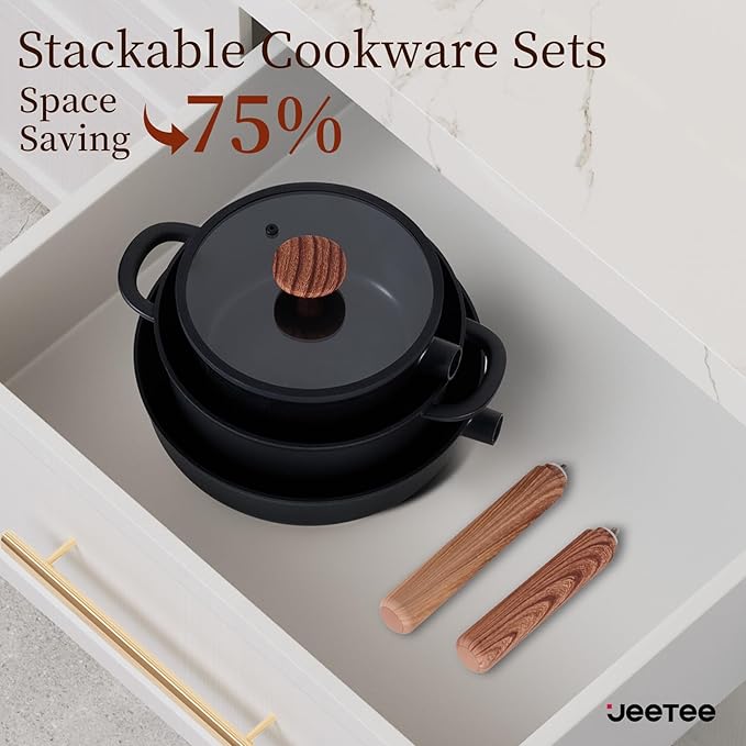 JEETEE Ceramic Cookware Set, 15 PCS Pots and Pans Set Non Stick with Removable Handles, Non Toxic Induction Kitchen Cookware Sets, Oven Safe PFAS/PFOA Free Black