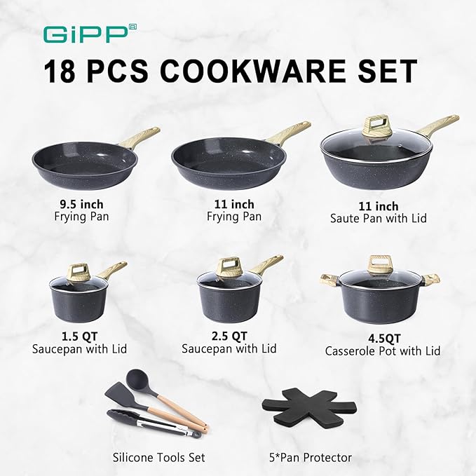 GiPP Ceramic Pots and Pans Set Non Stick - 18 Pcs Nonstick Cookware Set, Non-toxic Healthy Kitchen Cooking Set w/Frying Pans Set, Dishwasher Safe, PFAS PTFE PFOA PFOS Free, Dark Gray
