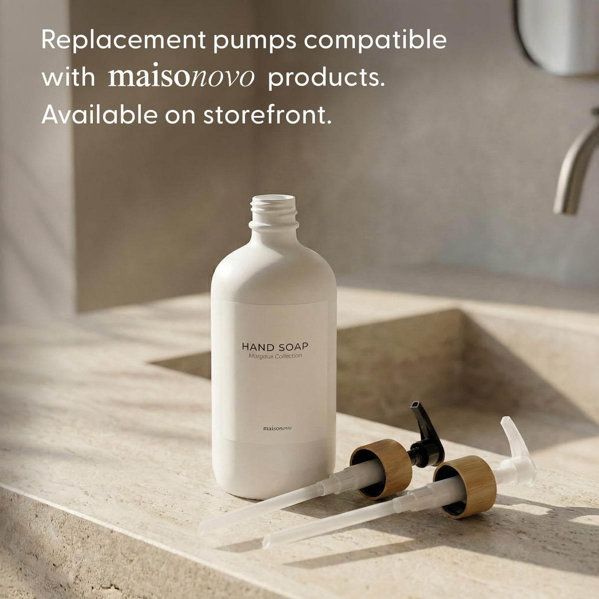 Soap Dispenser Set (White Bottles White Bamboo Pumps)