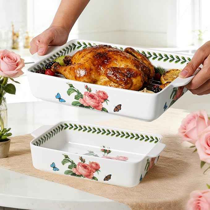 ACMLIFE Ceramic Casserole Dish Set, Ceramic Baking Dish for Oven, Casserole Dish Bakeware Set, Casserole Dishes for Oven, Lasagna Pan, Large Baking Dishes with Handles, Microwave, Dishwasher Safe, Gift Packaging Floral 2 Pcs Set(13"x8"+10.3"x6.3") (Rose)