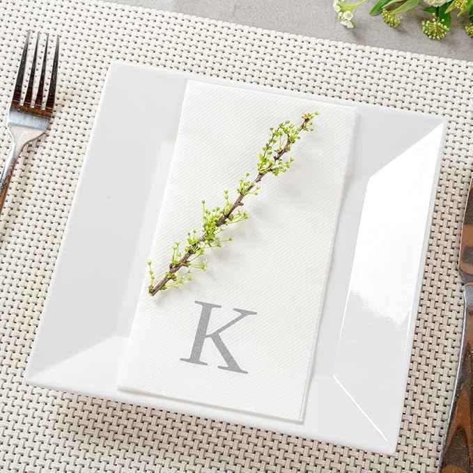 Luxenap 15.8 X 7.9 Inch Linen-Feel Guest Towels, 2000 Lettered Hand Towels - Silver Letter 'K', Sans Serif Font, White Paper Dinner Napkins, airlaid, For Restrooms And Tables - Restaurantware