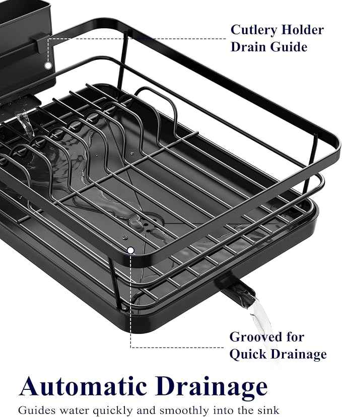 Kitsure Dish Drying Rack for Kitchen Counter, Stainless Steel Sink Organization and Storage Essentials with Cutlery Holder, Home and Appartment Decor, 12''W x 15.5''L, Black
