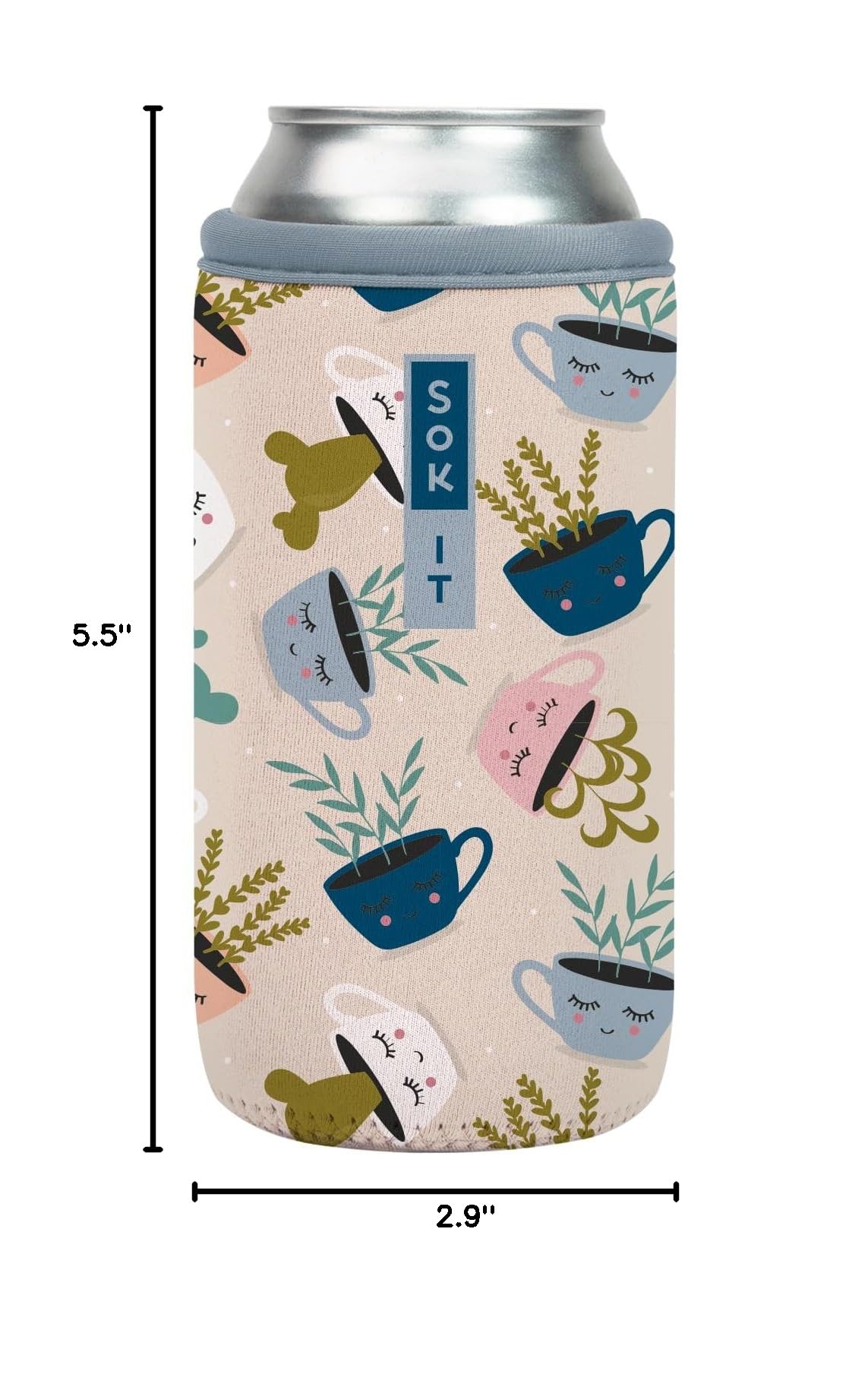 CanSok Sleeve for Beer & Soda Insulated Neoprene Cover (Botanical Teacups / 16oz Can Sleeve)