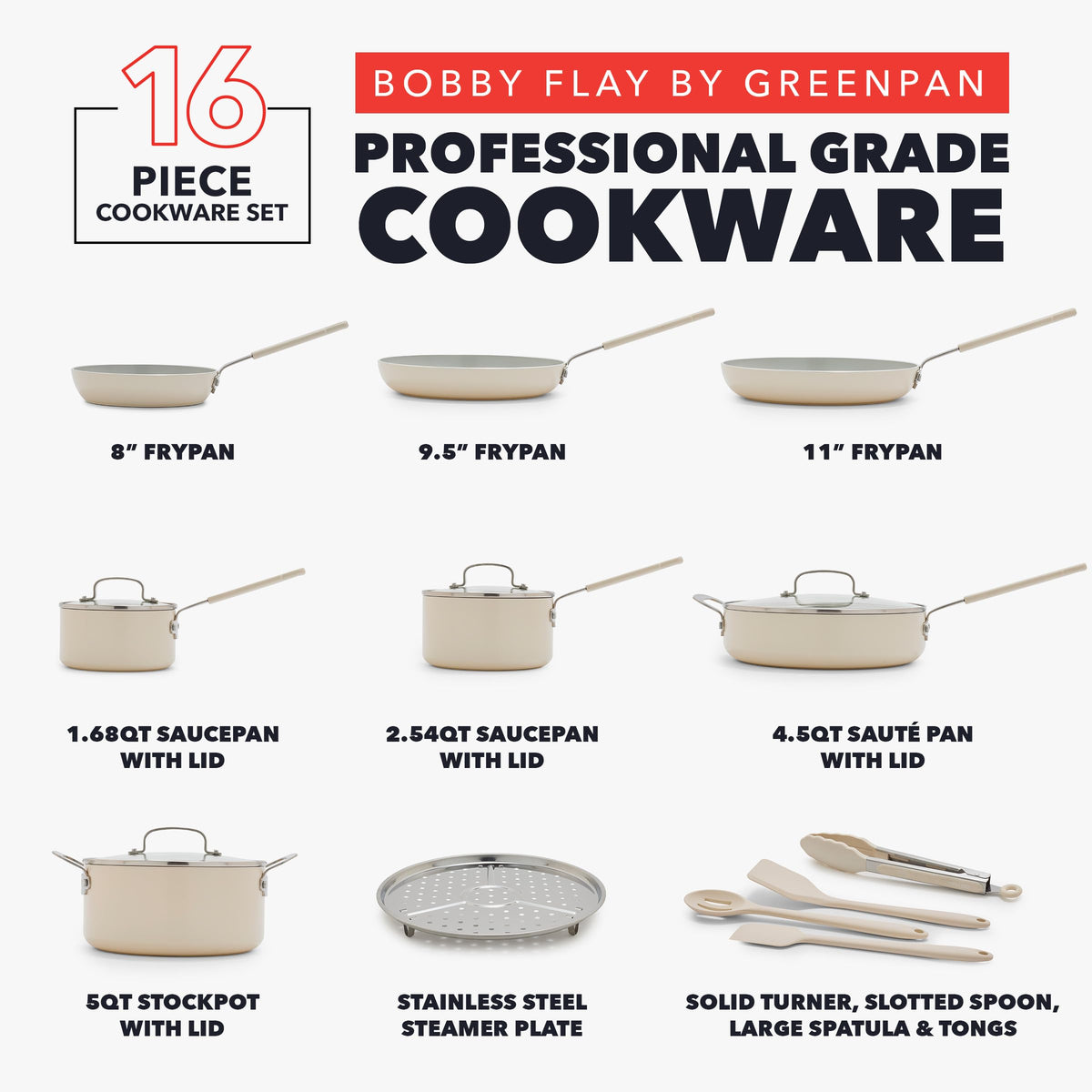 X Bobby Flay 16 Piece Ceramic Nonstick Cookware Set (16 Piece Cookware Set / Cream)