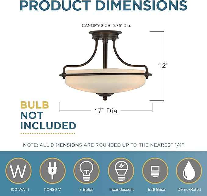 Quoizel Griffin Semi-Flush Mount Ceiling Light, 17 Inch 3-Light Palladian Bronze Opal-Etched Frosted Glass Shade, Hanging Light Fixture for Hallway, Kitchen, Bedroom, Dining, Farmhouse or Office