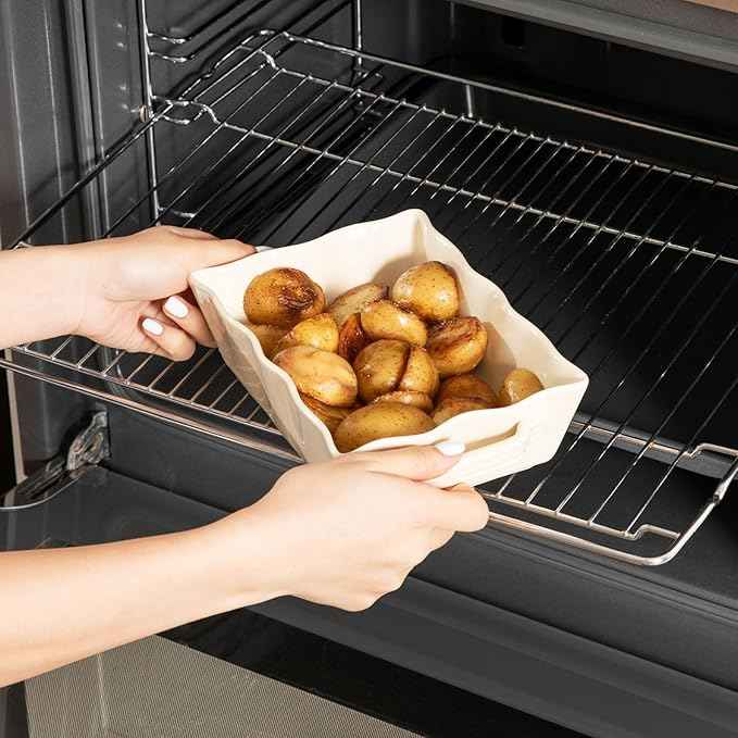 Sweejar Casserole Dishes for Oven, Ceramic Bakeware Set of 3, Rectangular Baking dish with Handles, Wave Edge Lasagna Pan Deep for Cooking, Cake, Dinner, Banquet and Daily Use (Beige)