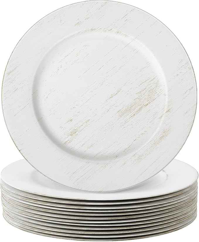 Tanlade 12 Pcs Charger Plates Bulk 13 Inch Plastic Vintage Wedding Chargers Floral Decorative Plates with Metallic Ruffled Rim for Wedding Party, Holiday Event Supplies(White)