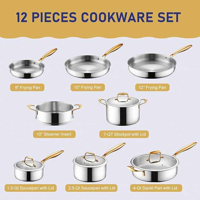 Triple Ply Stainless Steel Pots and Pans Set, EWFEN 12 Piece Induction Cookware Set, Oven Dishwasher Safe | Frying Pans, Saucepans, Saute Pan & Stock Pot, PFOA Free Kitchen Skillet, Gold