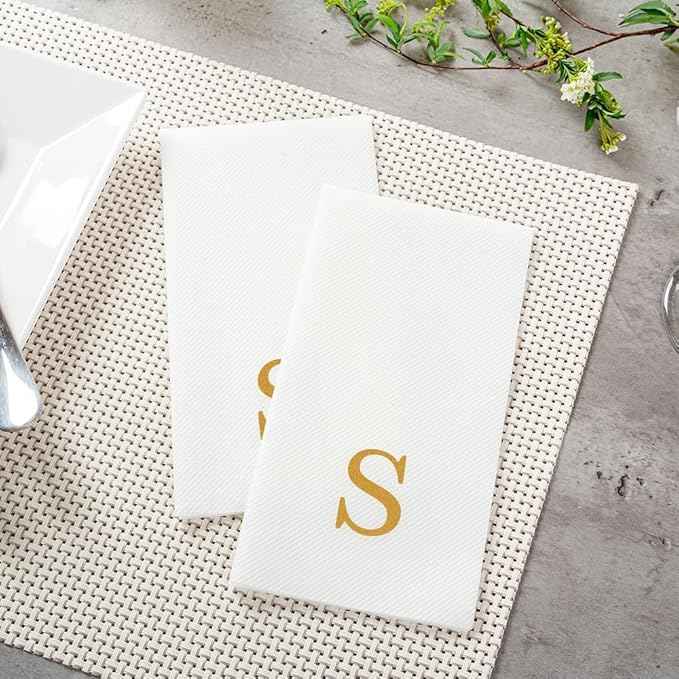 Luxenap 15.8 X 7.9 Inch Linen-Feel Guest Towels, 2000 Lettered Hand Towels - Gold Letter 'S', Sans Serif Font, White Paper Dinner Napkins, airlaid, For Restrooms And Tables