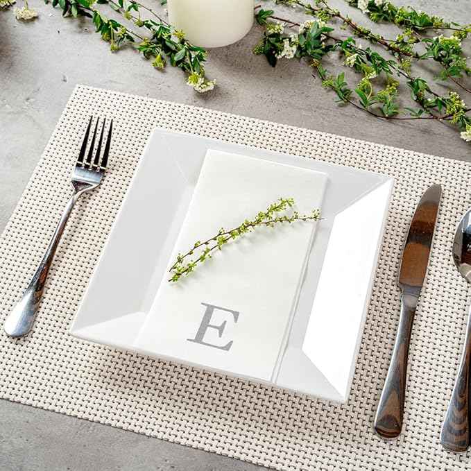 Luxenap 15.8 X 7.9 Inch Linen-Feel Guest Towels, 50 Lettered Hand Towels - Silver Letter 'E', Sans Serif Font, White Paper Dinner Napkins, airlaid, For Restrooms And Tables - Restaurantware