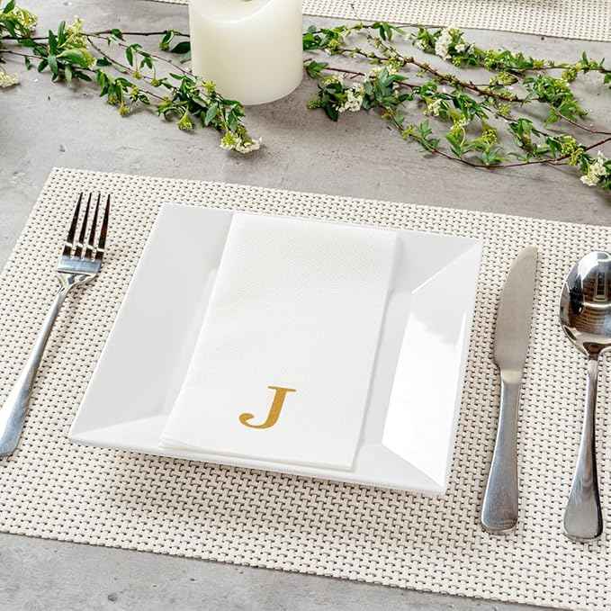 Luxenap 15.8 X 7.9 Inch Linen-Feel Guest Towels, 50 Lettered Hand Towels - Gold Letter 'J', Sans Serif Font, White Paper Dinner Napkins, airlaid, For Restrooms And Tables