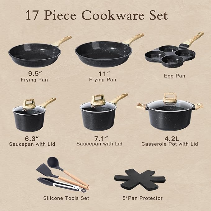 GiPP Ceramic Pots and Pans Set Non Stick - 17 Pcs Nonstick Cookware Set, Non-toxic Healthy Kitchen Cooking Set w/Frying Pans Set, Dishwasher Safe, PFAS PTFE PFOA PFOS Free, Dark Gray