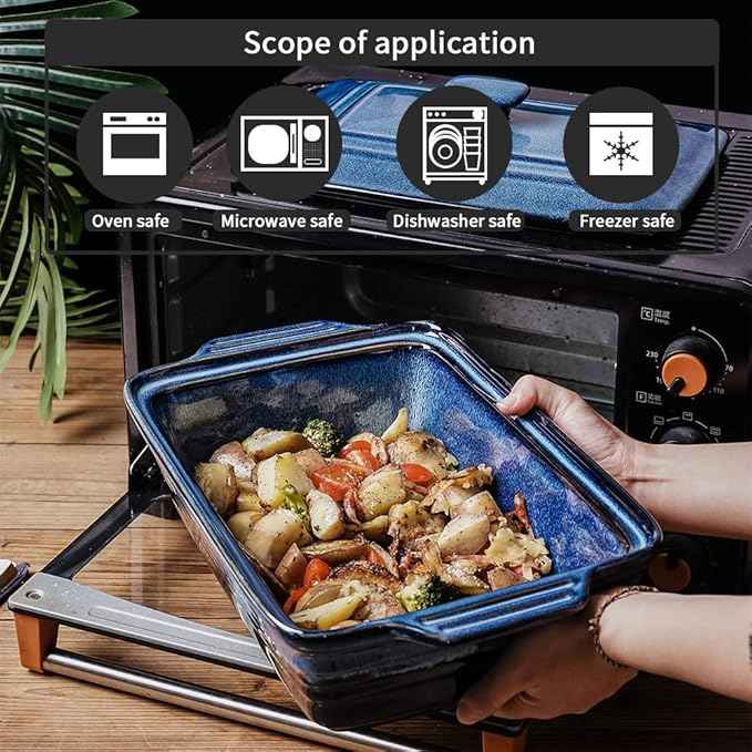 KOOV Ceramic Casserole Dish With Lid, Covered Rectangular Set, Lasagna Pan for Cooking, Baking Dish for Dinner, Kitchen, 9 x 13 Inches, Reactive Glaze (Nebula Blue)