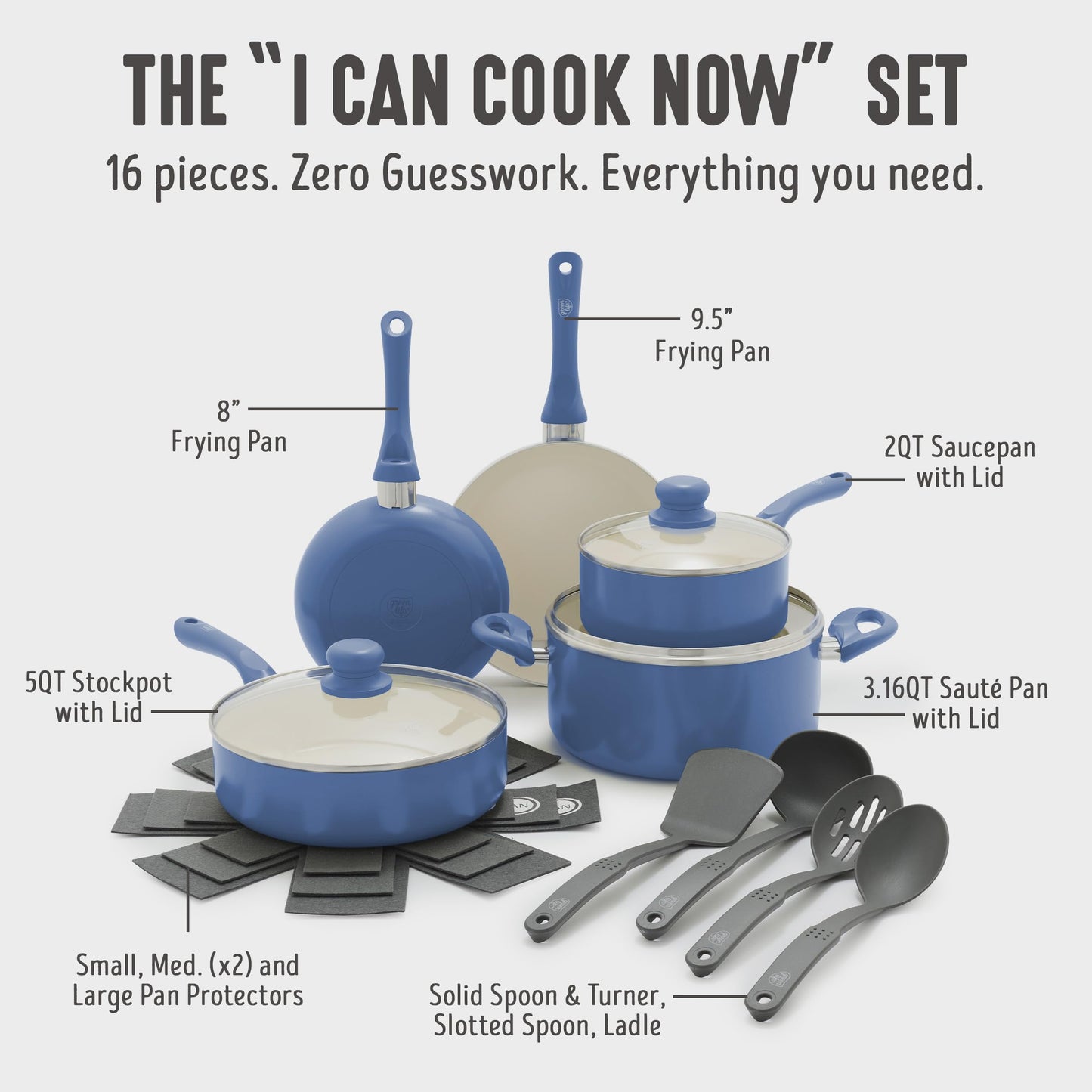 16pc Ceramic Nonstick Pots & Pans Cookware Set (16 Piece Cookware Set / Bloom / Slate Blue)
