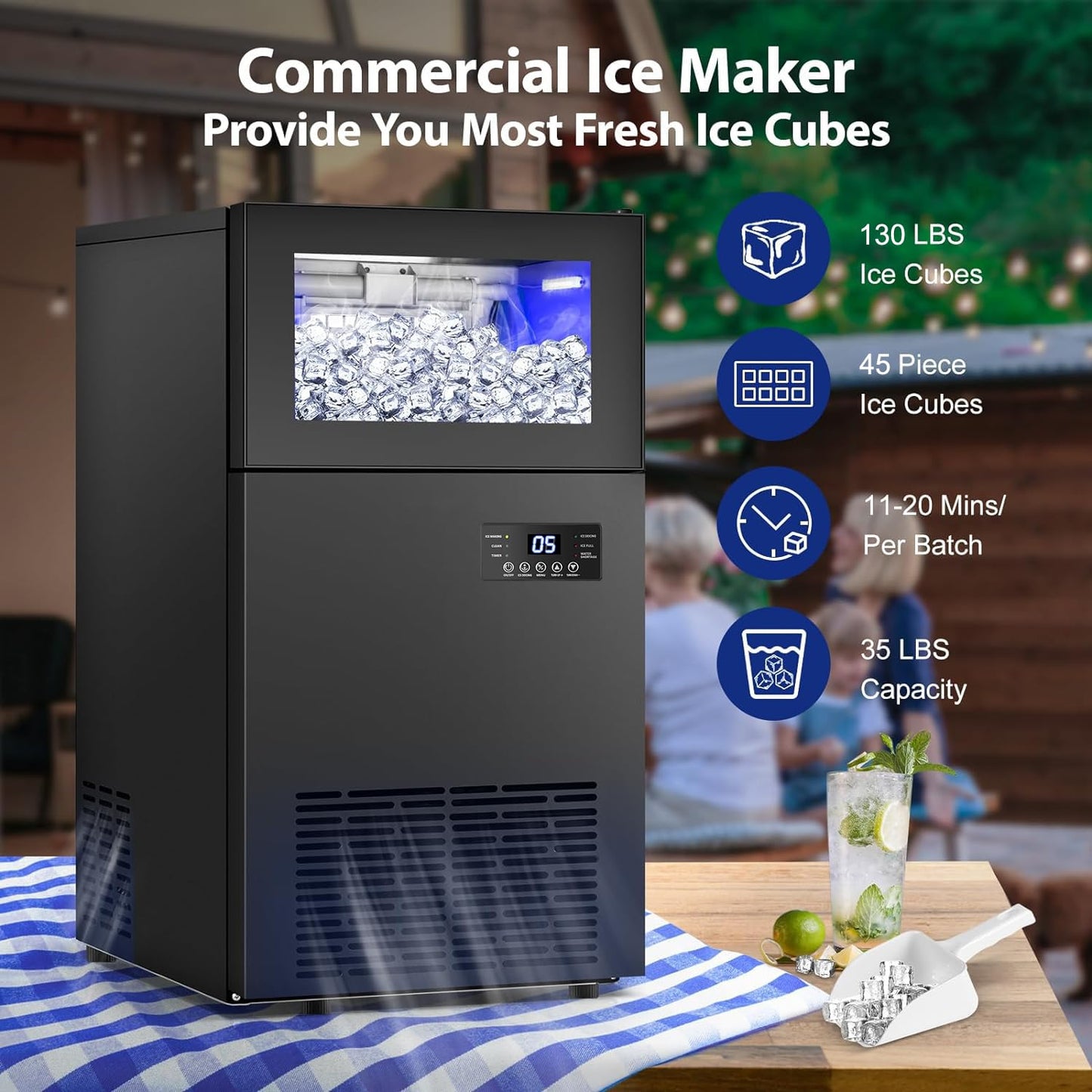 Upgraded Commercial Ice Maker Machine 130 LBS