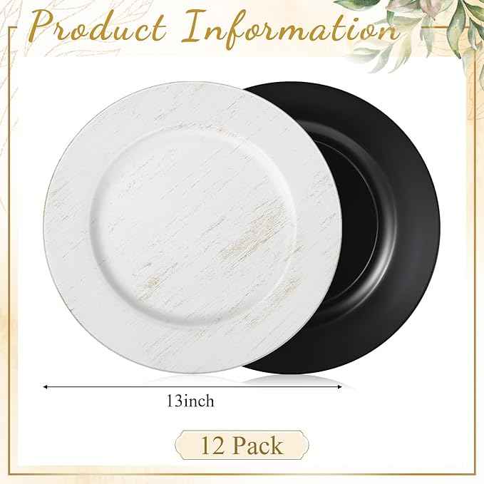 Tanlade 12 Pcs Charger Plates Bulk 13 Inch Plastic Vintage Wedding Chargers Floral Decorative Plates with Metallic Ruffled Rim for Wedding Party, Holiday Event Supplies(White)