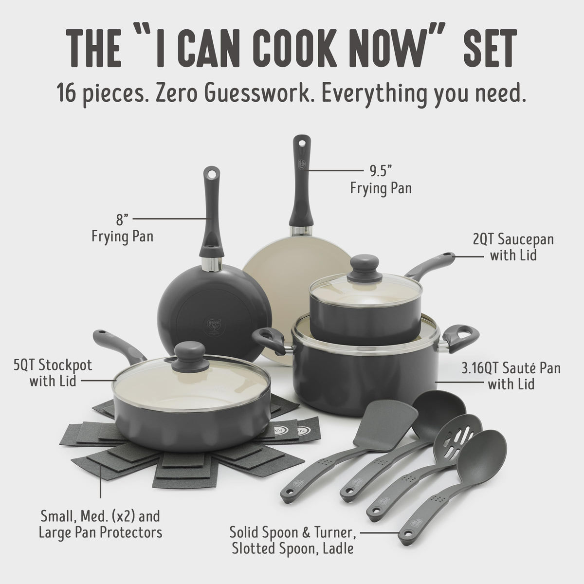16pc Ceramic Nonstick Pots & Pans Cookware Set (16 Piece Cookware Set / Bloom / Graphite Black)