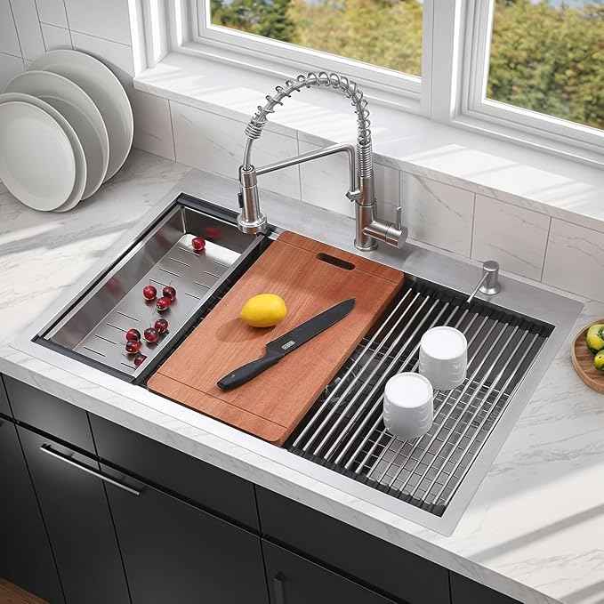 VCCUCINE 33x22 Inch Drop In Kitchen Sink,Overmount Stainless Steel Single Bowl Workstation Laundry Sink Top mount 2 Hole Farmhouse Kitchen with Cutting Board & Accessories