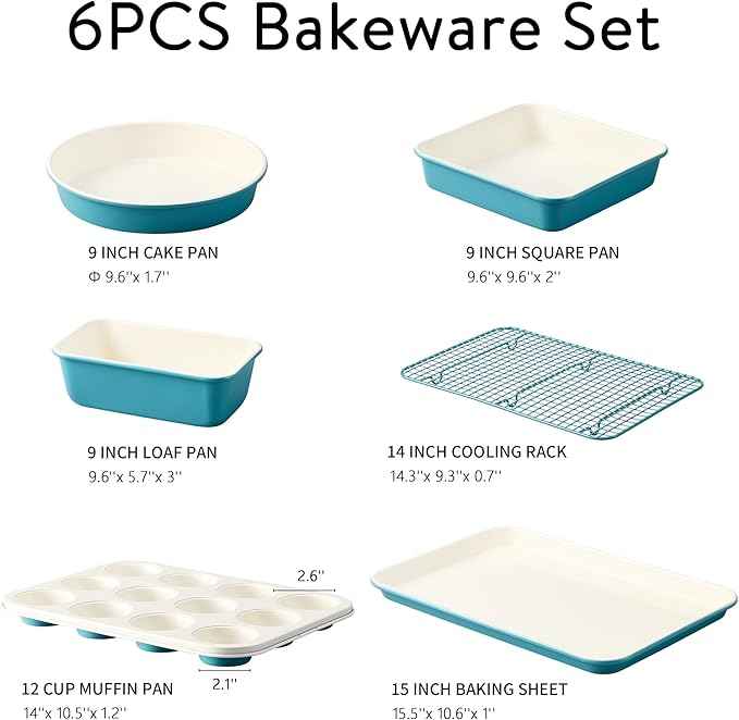CAROTE 6-Piece Nonstick Ceramic Baking Pans Set - Bakeware Sets Including Cookie Sheets for Baking, Muffin Pan, Bread Pan, Cake pan, Loaf Pan, Cooling Rack, Light Blue & Cream White