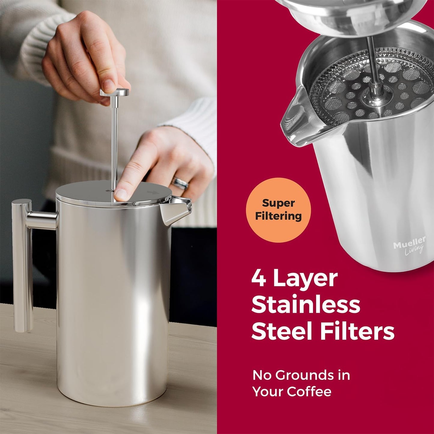 MuellerLiving French Press Coffee Maker 34oz, Stainless Steel French Press Coffee, 4 Filter Heat Resistant Double Insulated, Rust-Free, Food Grade, Dishwasher Safe Coffee Pot