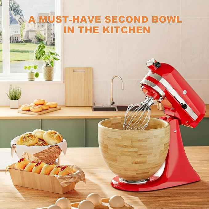 5 Qt Solid Wood Mixing Bowl Compatible with KitchenAid Tilt-Head Stand Mixer, Handcrafted Natural Wooden Bowl for 4.5-5 Qt K45SS KSM75 KSM150, Ideal for Bread Dough & Salads (Pale Yellow)