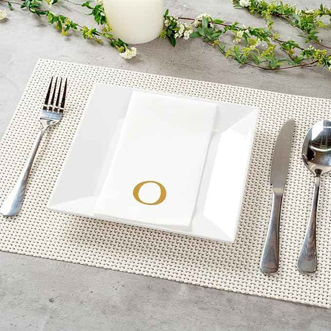 Luxenap 15.8 X 7.9 Inch Linen-Feel Guest Towels, 50 Lettered Hand Towels - Gold Letter 'O', Sans Serif Font, White Paper Dinner Napkins, airlaid, For Restrooms And Tables